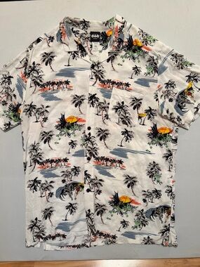 Batman & Robin White Tropical Print Beach Short Sleeve Button-Down Shirt -XL